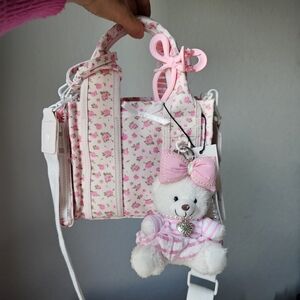 Maddrn Girl Floral Pink Tote Handbag with Teddy Charm